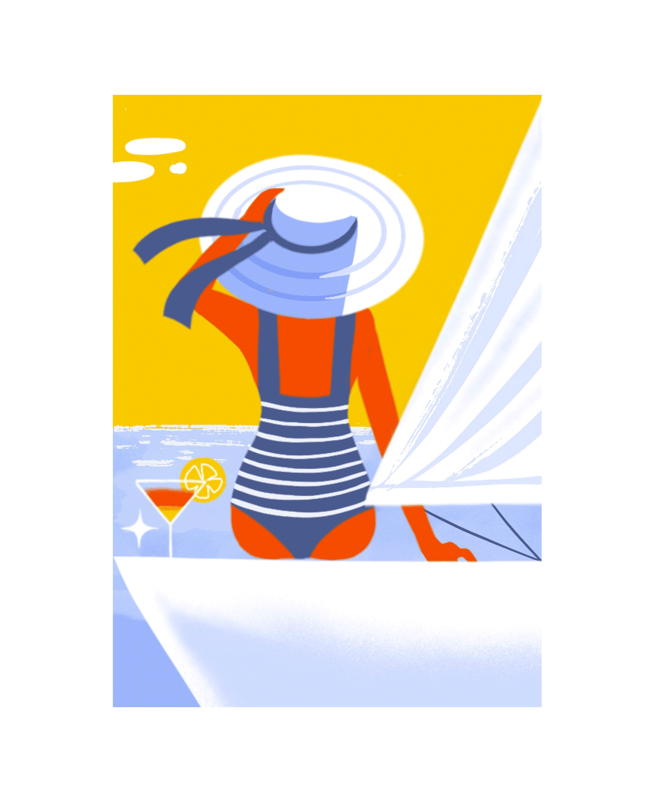 illustration d'une femme sur un bateau avec cocktail