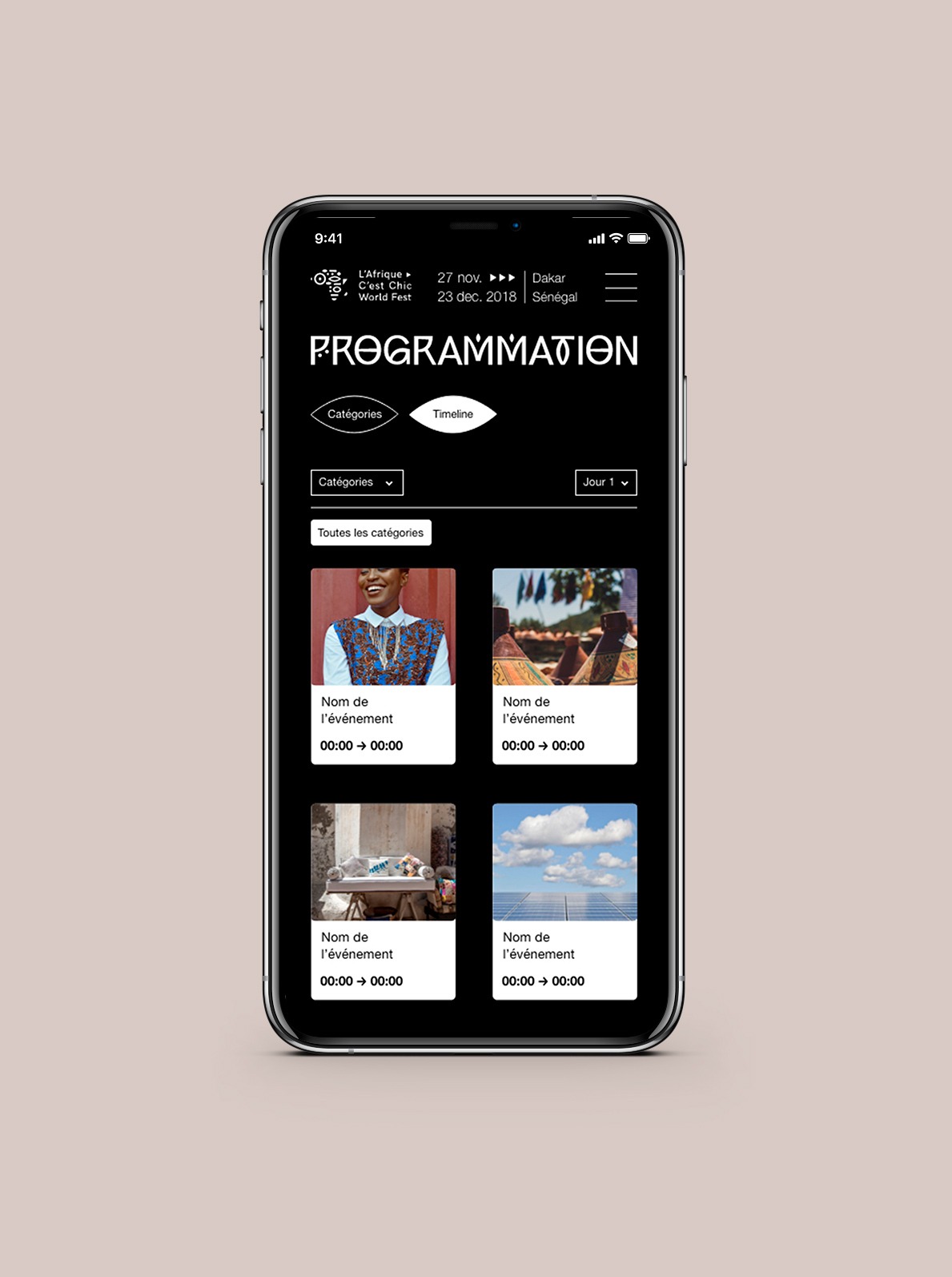 Site web du festival l'afrique c'est chic dans sa version mobile. On voit la page programmation que l'on peut visionner soit sous forme de catégories soit dans une timeline