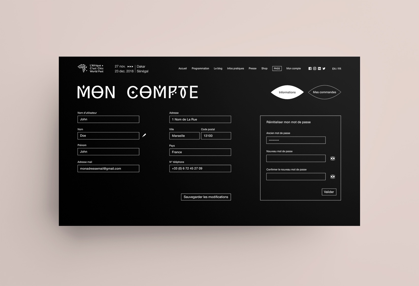 Visuel présentant la page mon compte du site du festival l'Afrique c'est chic