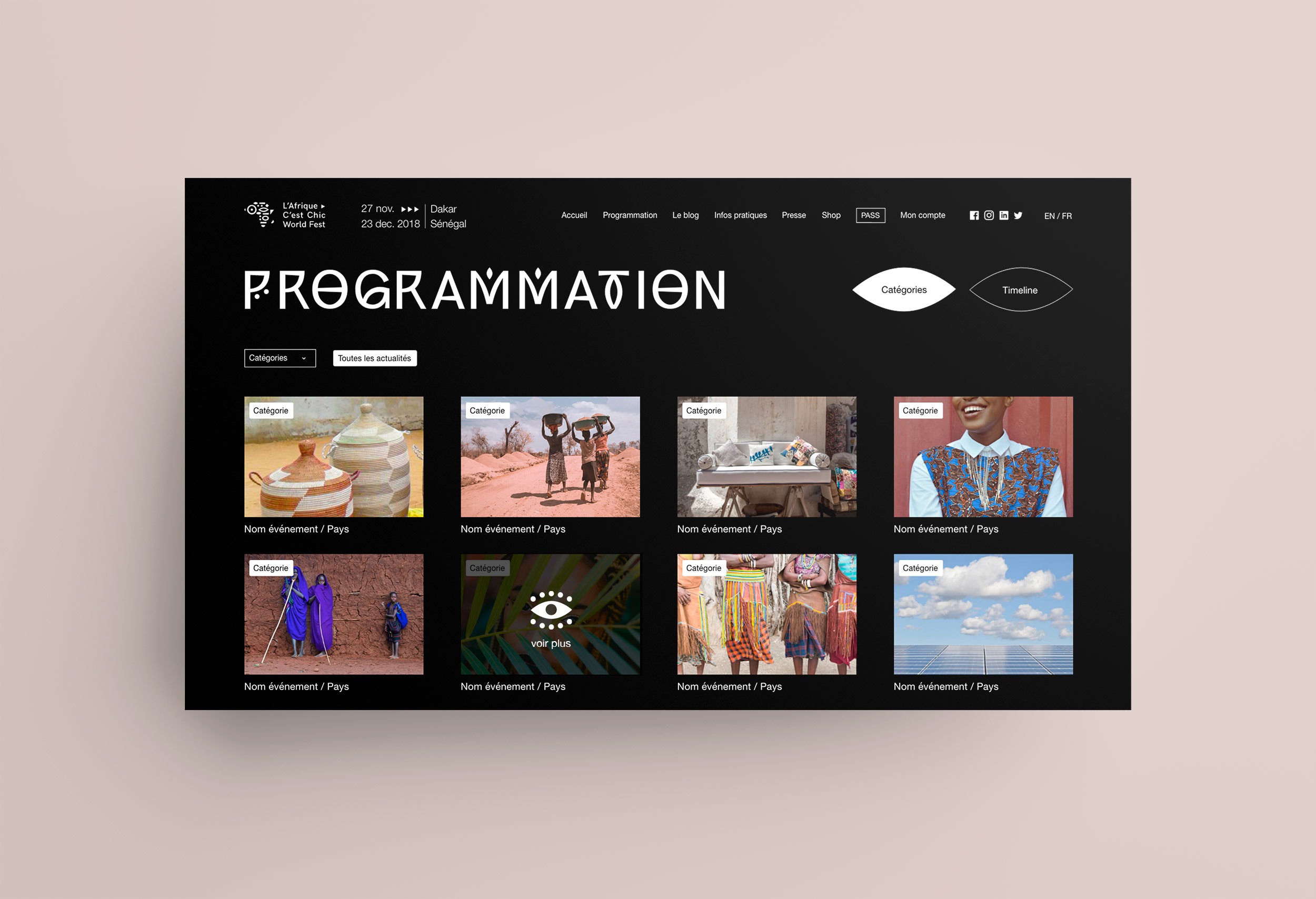 Site web du festival l'afrique c'est chic dans sa version ordinateur. On voit la page programmation que l'on peut visionner soit sous forme de catégories soit dans une timeline