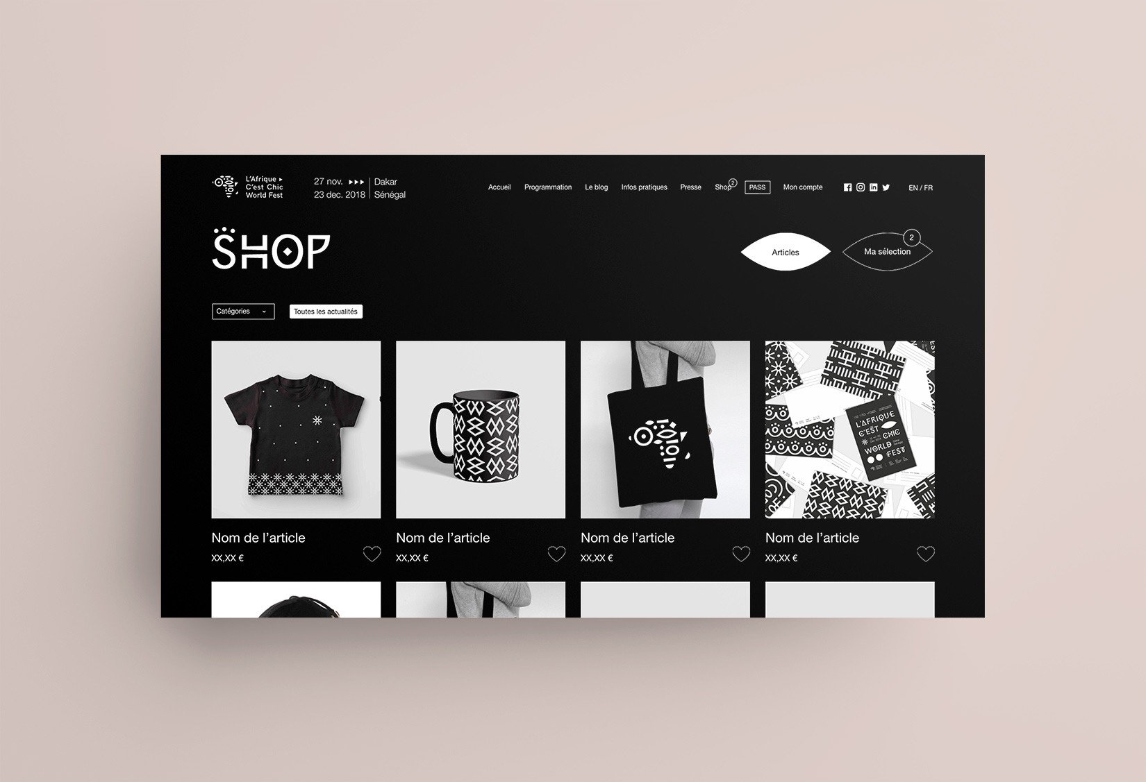 Visuel présentant la page shop du site du festival l'Afrique c'est chic. On y voit différents produits et goodies à l'image du festival