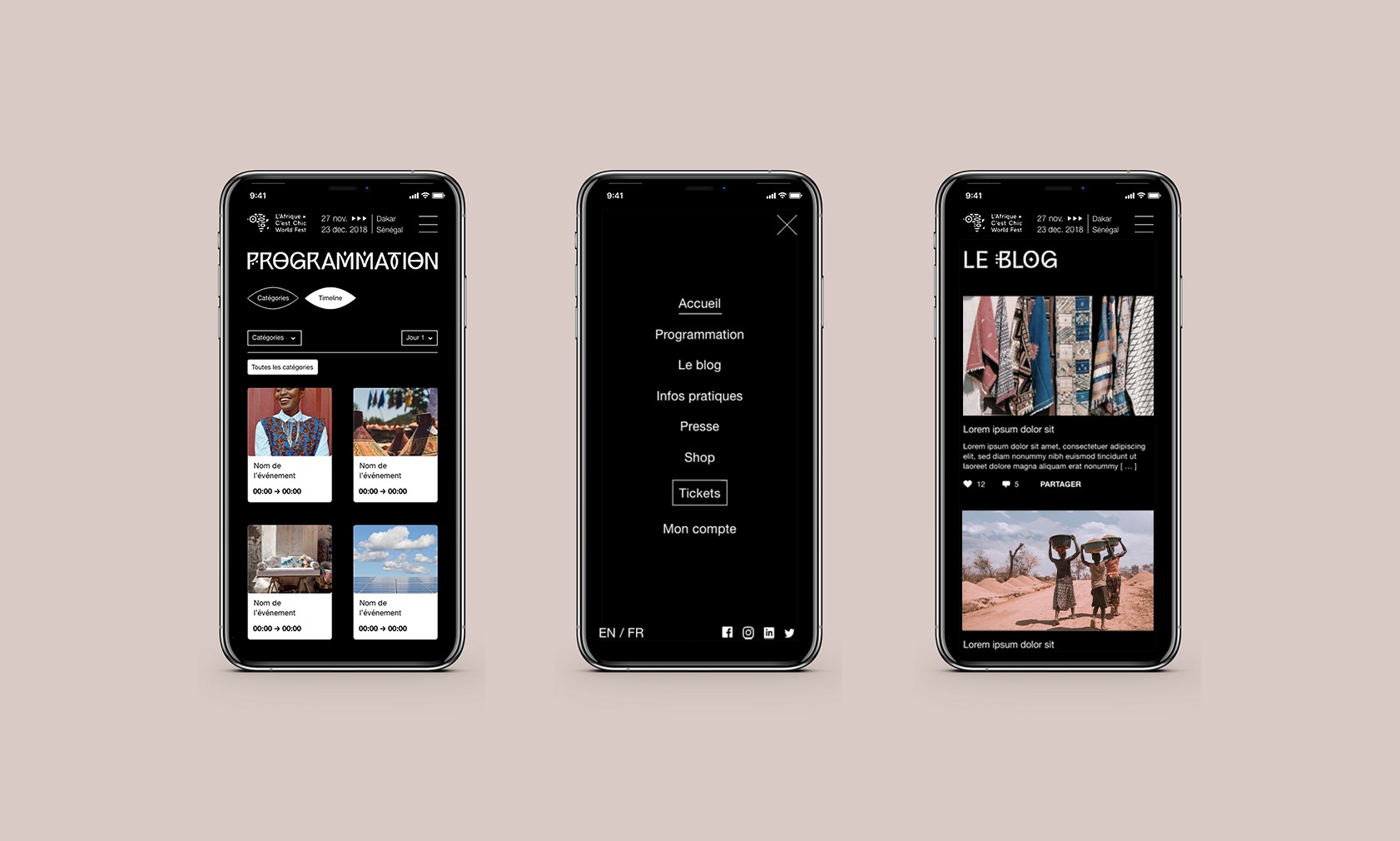 Site web du festival l'afrique c'est chic dans sa version mobile. On y voit trois téléphone présentant respectivement la partie programmation, le menu et la page blog