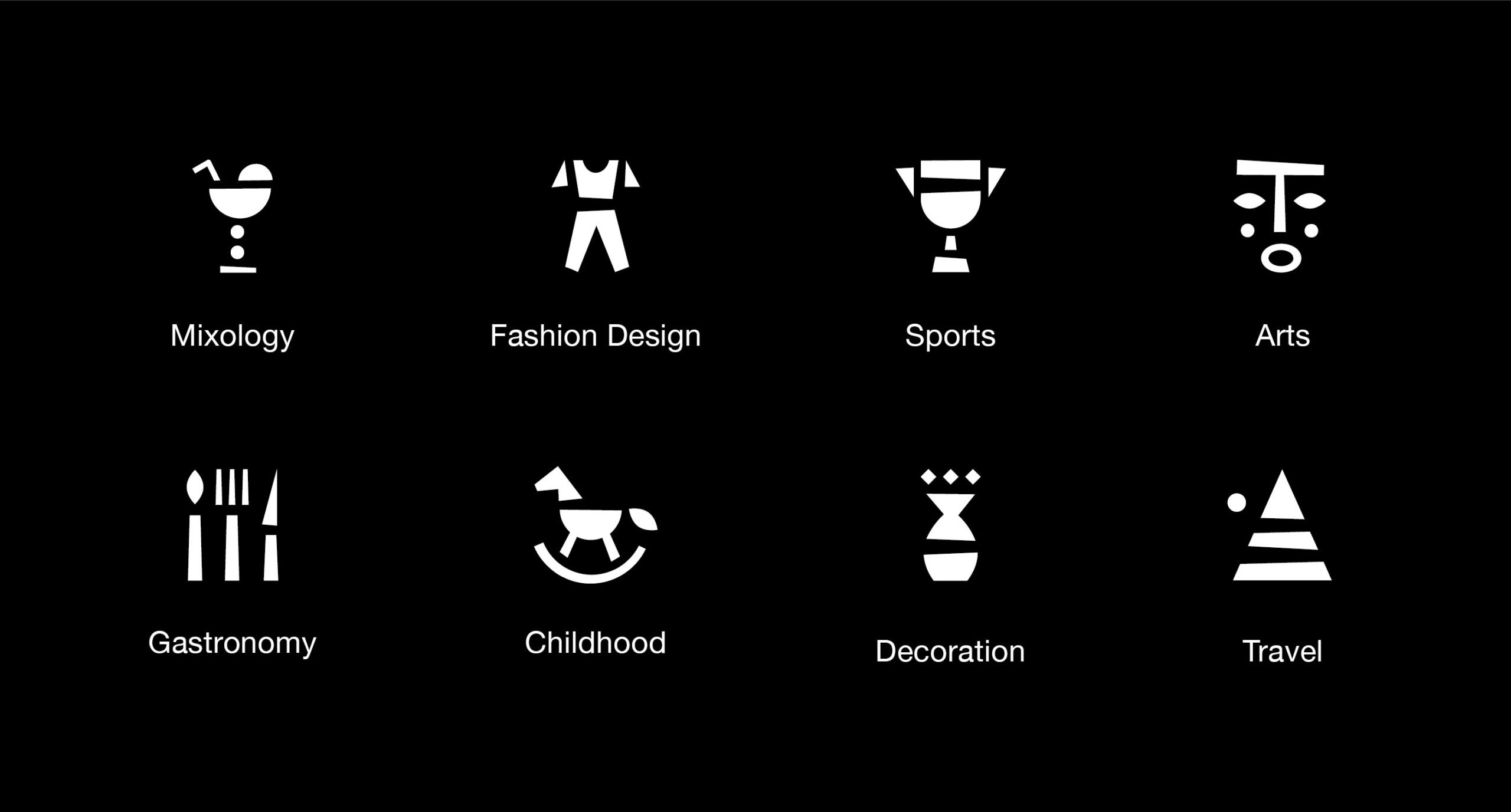 Pictogrammes illustrant les huit thématiques du festival « L’Afrique, c’est chic » : arts, sport, voyage, décoration, gastronomie, enfance, mode et mixologie.