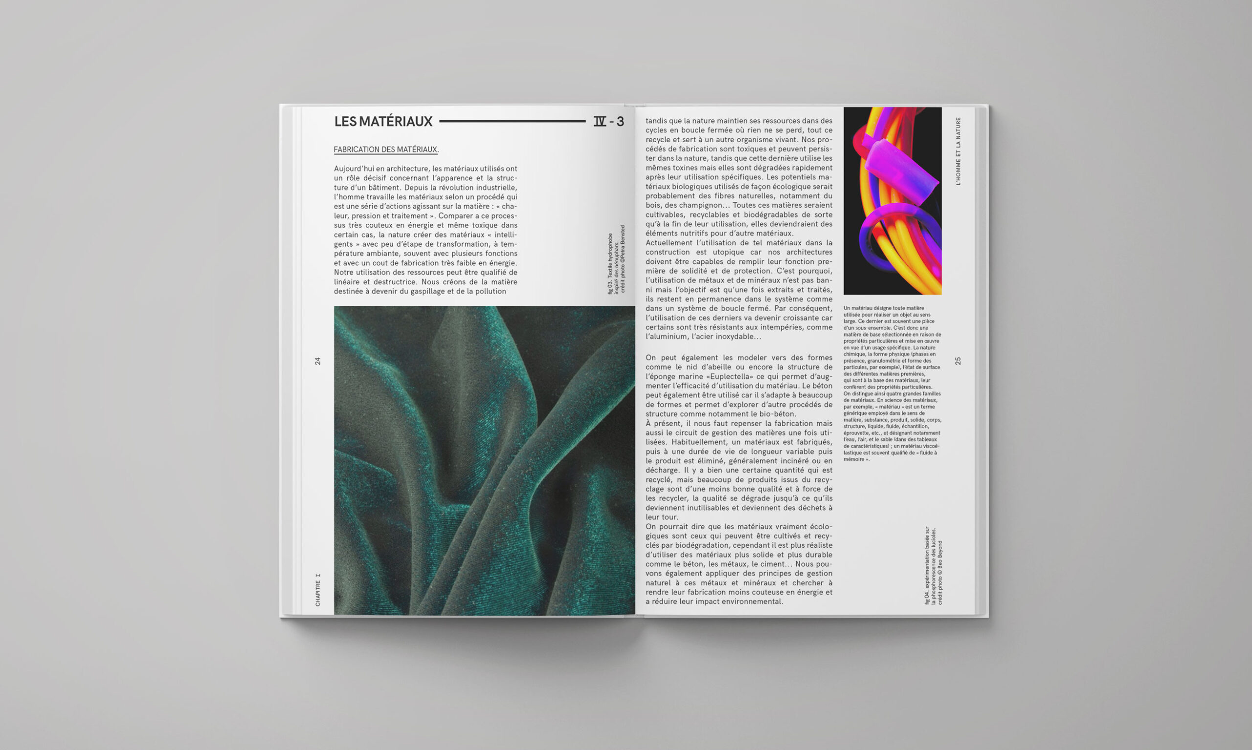 Double page du livre Biomimesis consacrée aux matériaux, avec une grande photographie d'un drapé vert et une illustration colorée.
