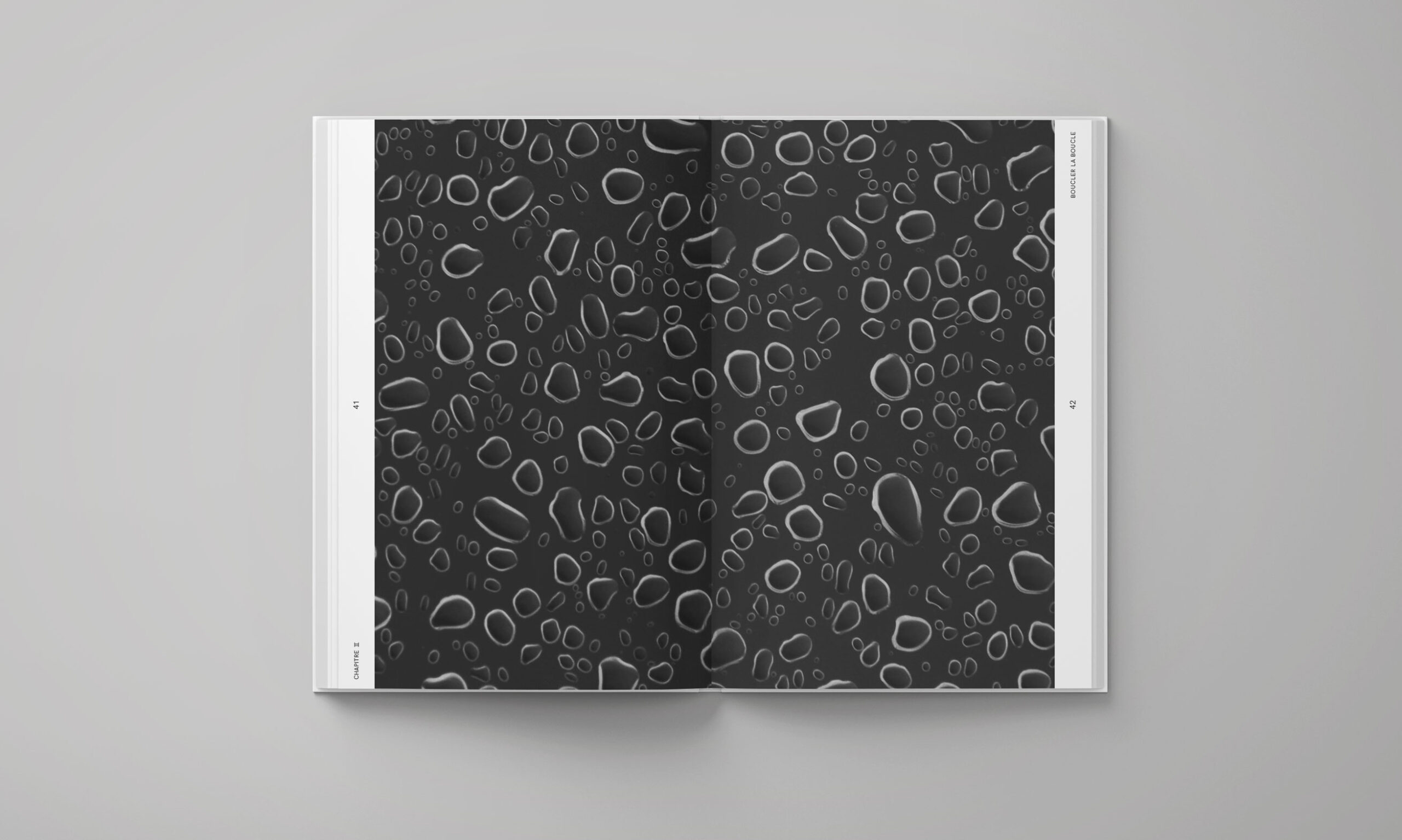 Double page du livre Biomimesis présentant un motif graphique noir composé de formes ovales irrégulières évoquant des gouttes d'eau