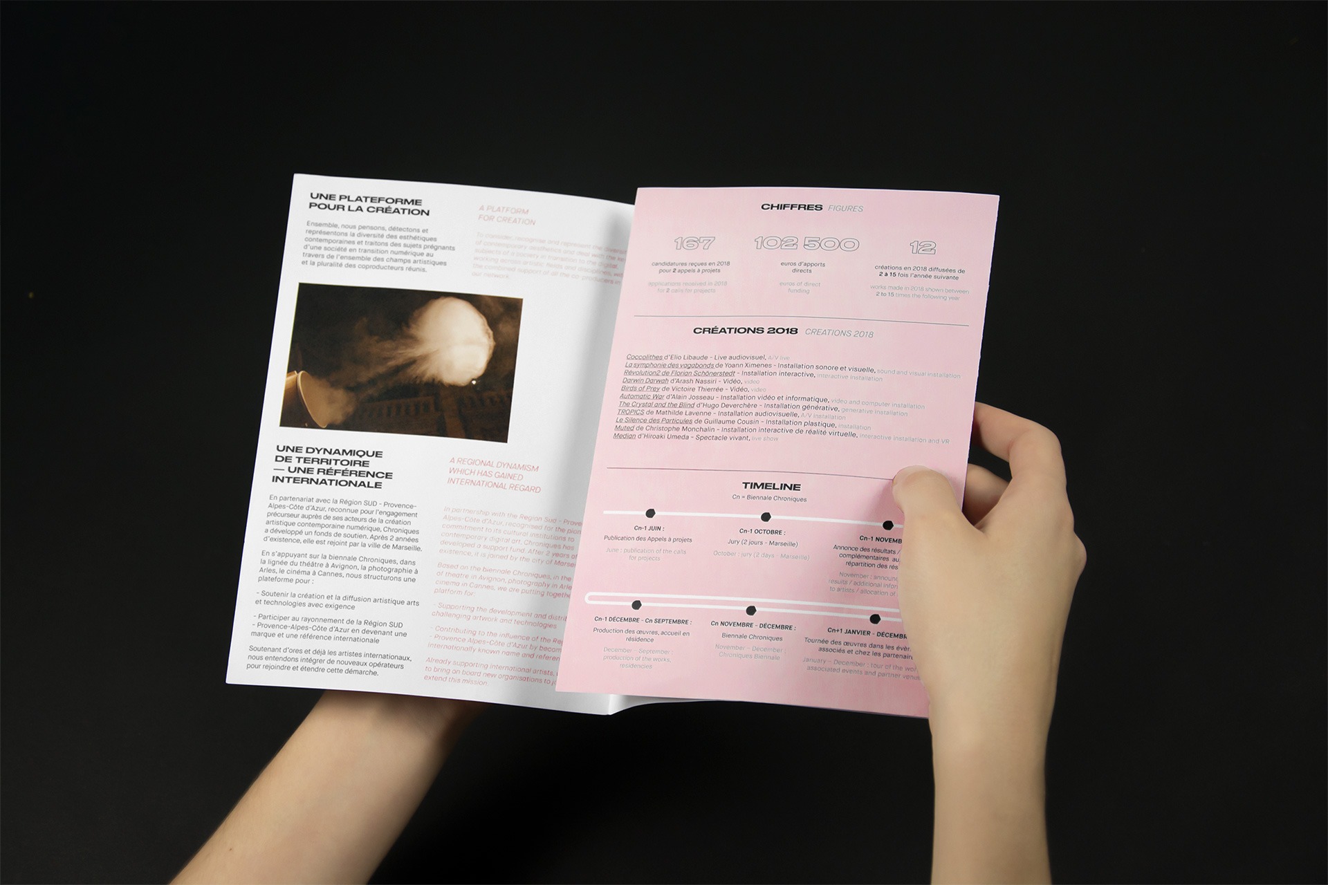 Brochure avec une page blanche et une page rose réalisée pour la Biennale Chroniques