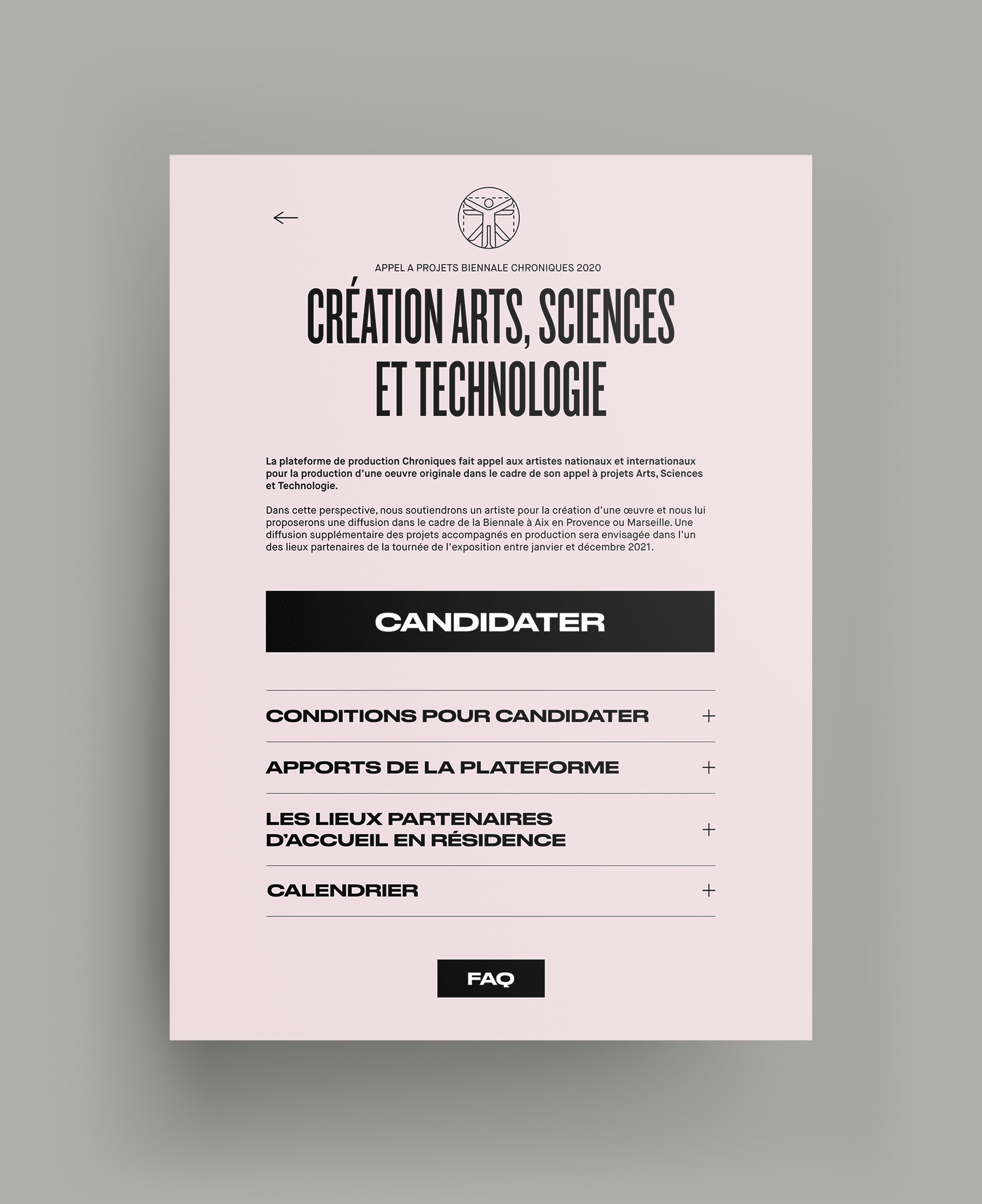Page de candidature du site de la Biennale Chroniques avec une typographie centrale très grande et un pictogramme et un gros boutons pour candidater