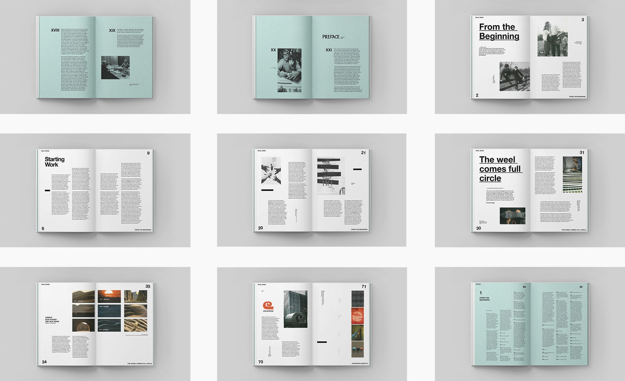 Grille de plusieurs doubles pages montrant la diversité des mises en page du livre Saul Bass : The Man with Golden Hands