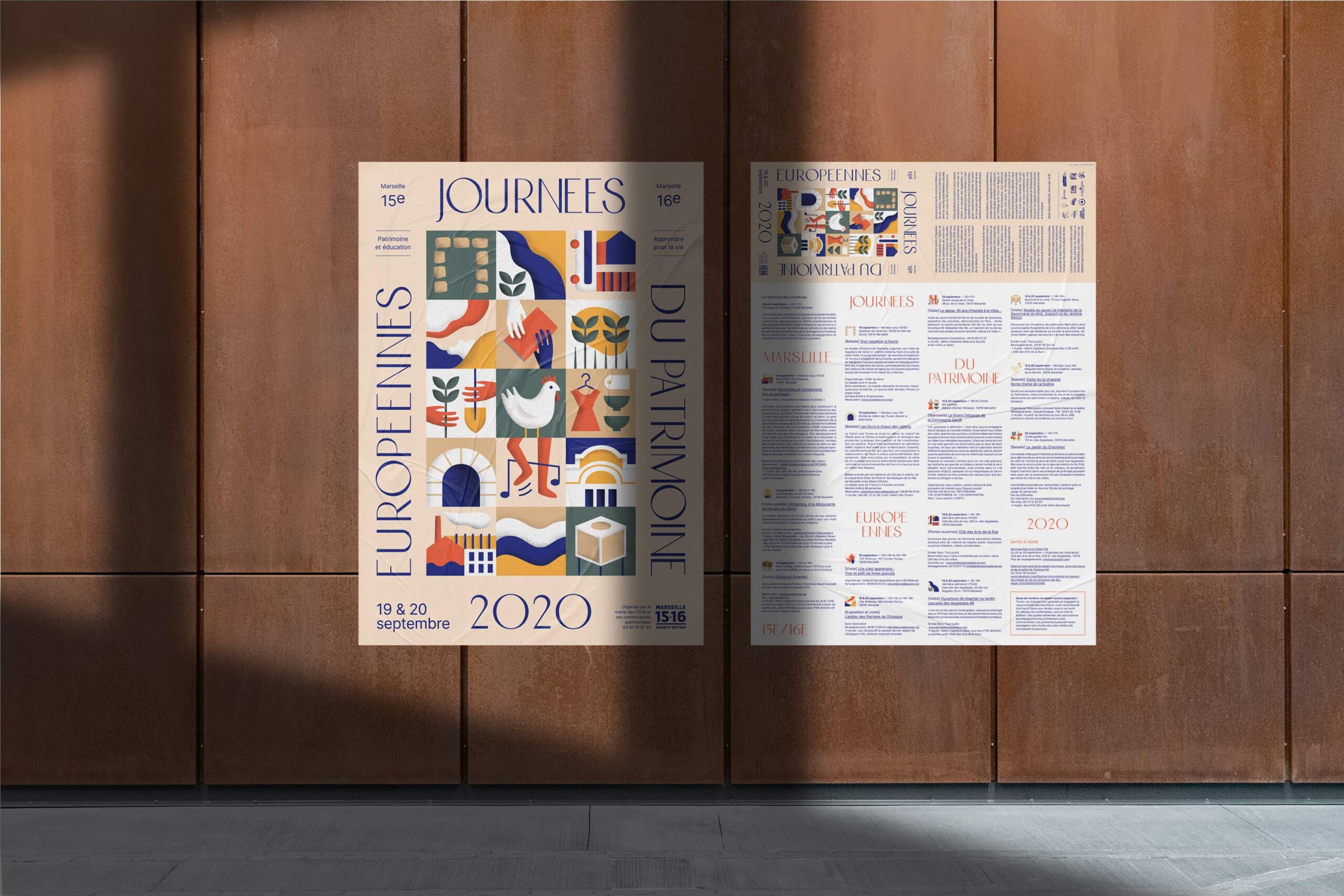 Affiche illustrée et programme des Journées européennes du patrimoine 2020 présentés côte à côte sur un mur extérieur.