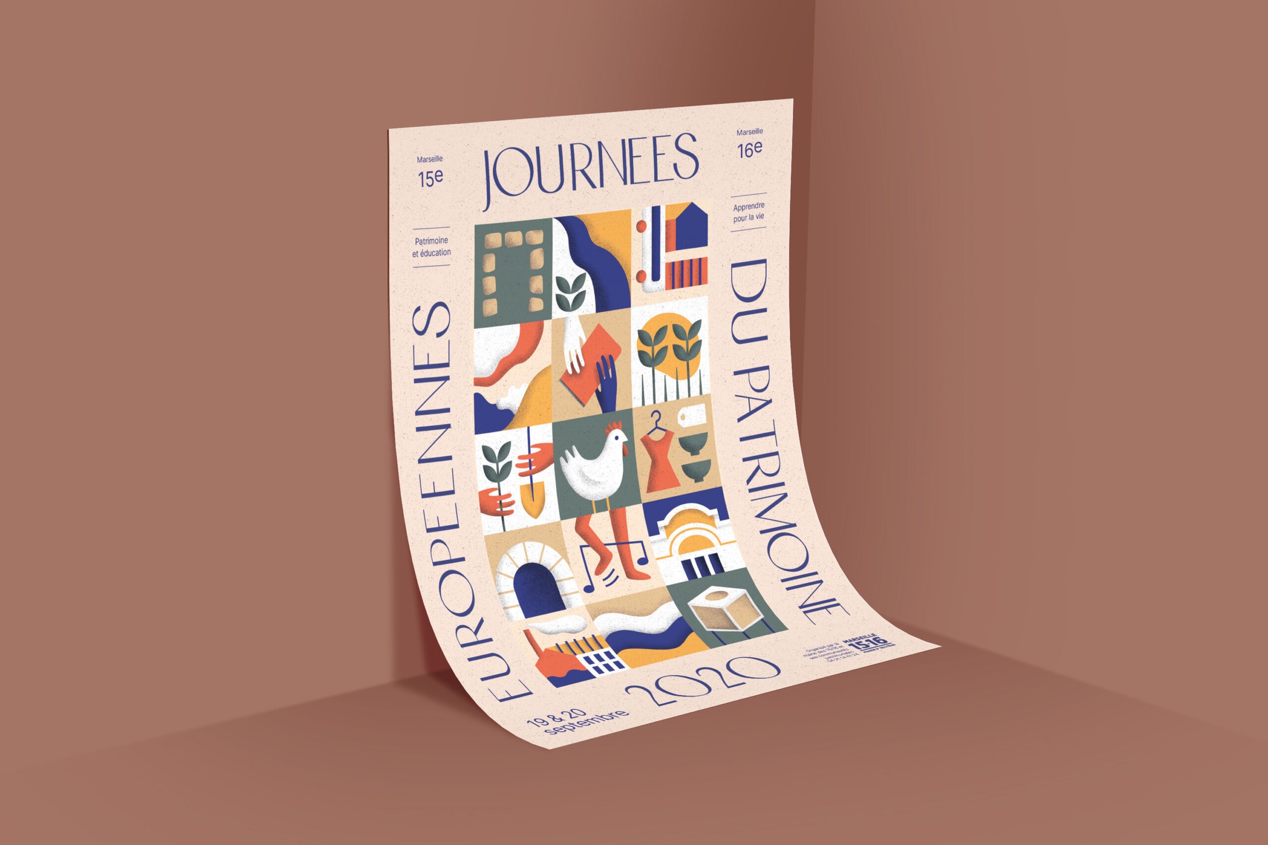 Affiche illustrée des Journées européennes du patrimoine 2020 à Marseille, avec des pictogrammes colorés représentant le patrimoine et la culture.