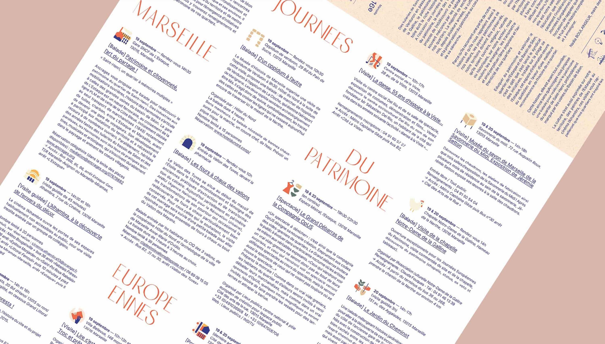 Gros plan sur le programme dépliant des Journées européennes du patrimoine 2020, avec ses pictogrammes et ses informations pratiques.