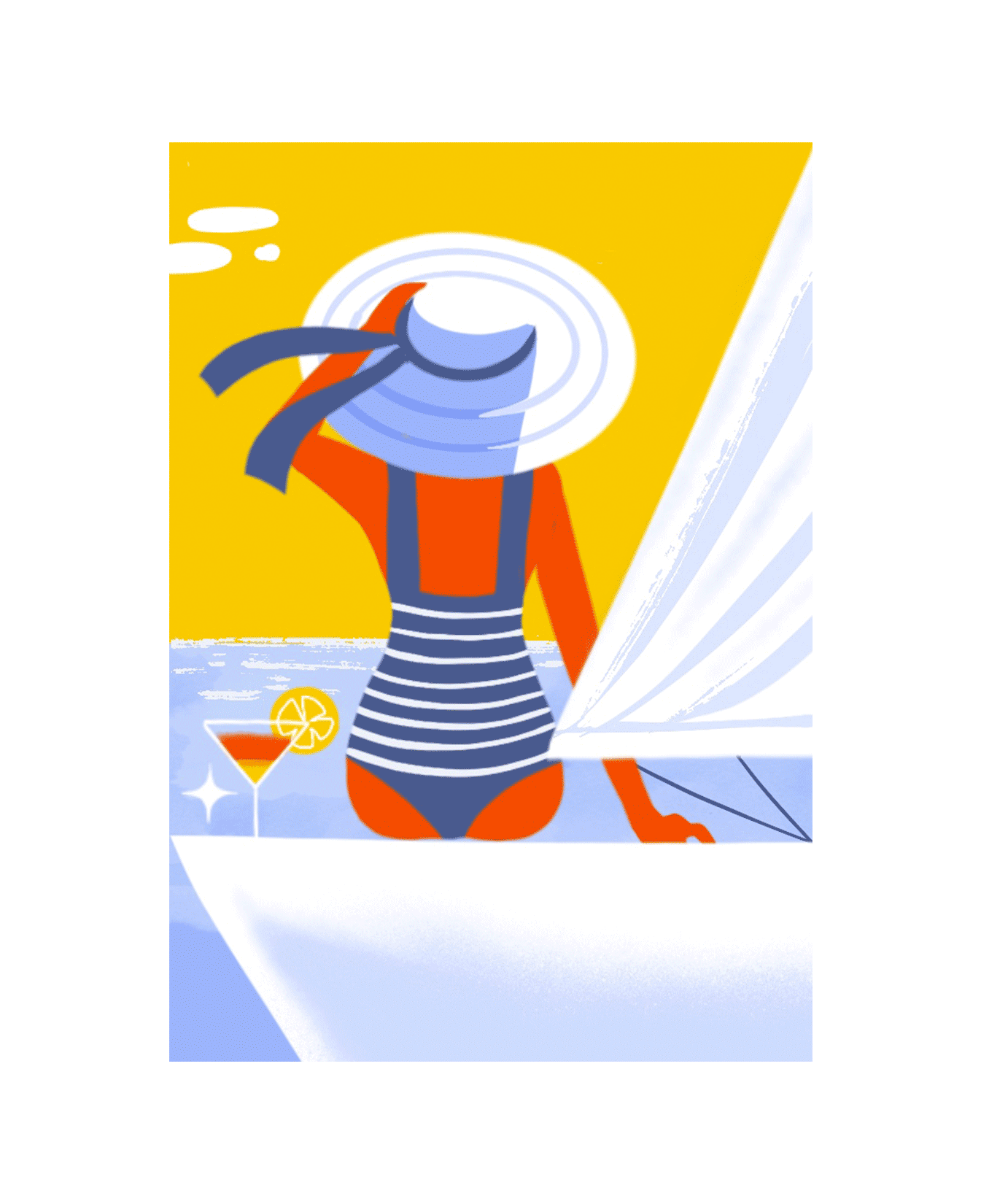 Illustration colorée d’une femme en maillot de bain et chapeau sur un voilier, avec un ciel jaune et la mer en arrière-plan.
