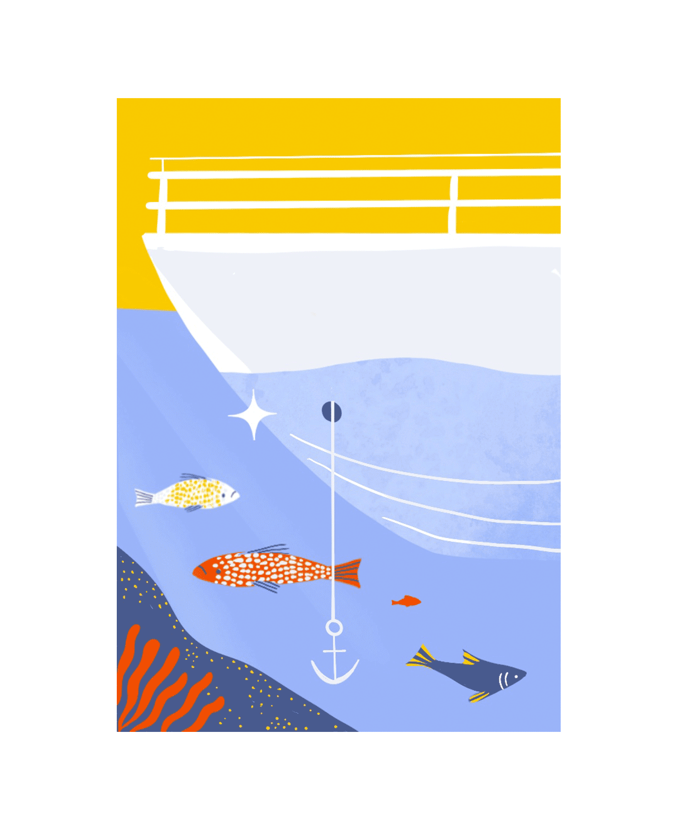 Illustration sous-marine avec la coque d’un bateau, une ancre, plusieurs poissons et des algues sur un fond bleu et jaune.