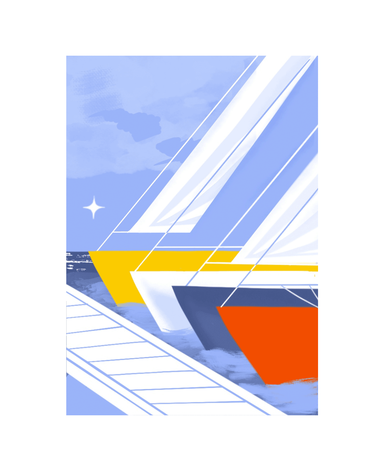 Illustration de voiliers amarrés au port, avec des coques blanches, jaunes et orange sur une mer bleue.