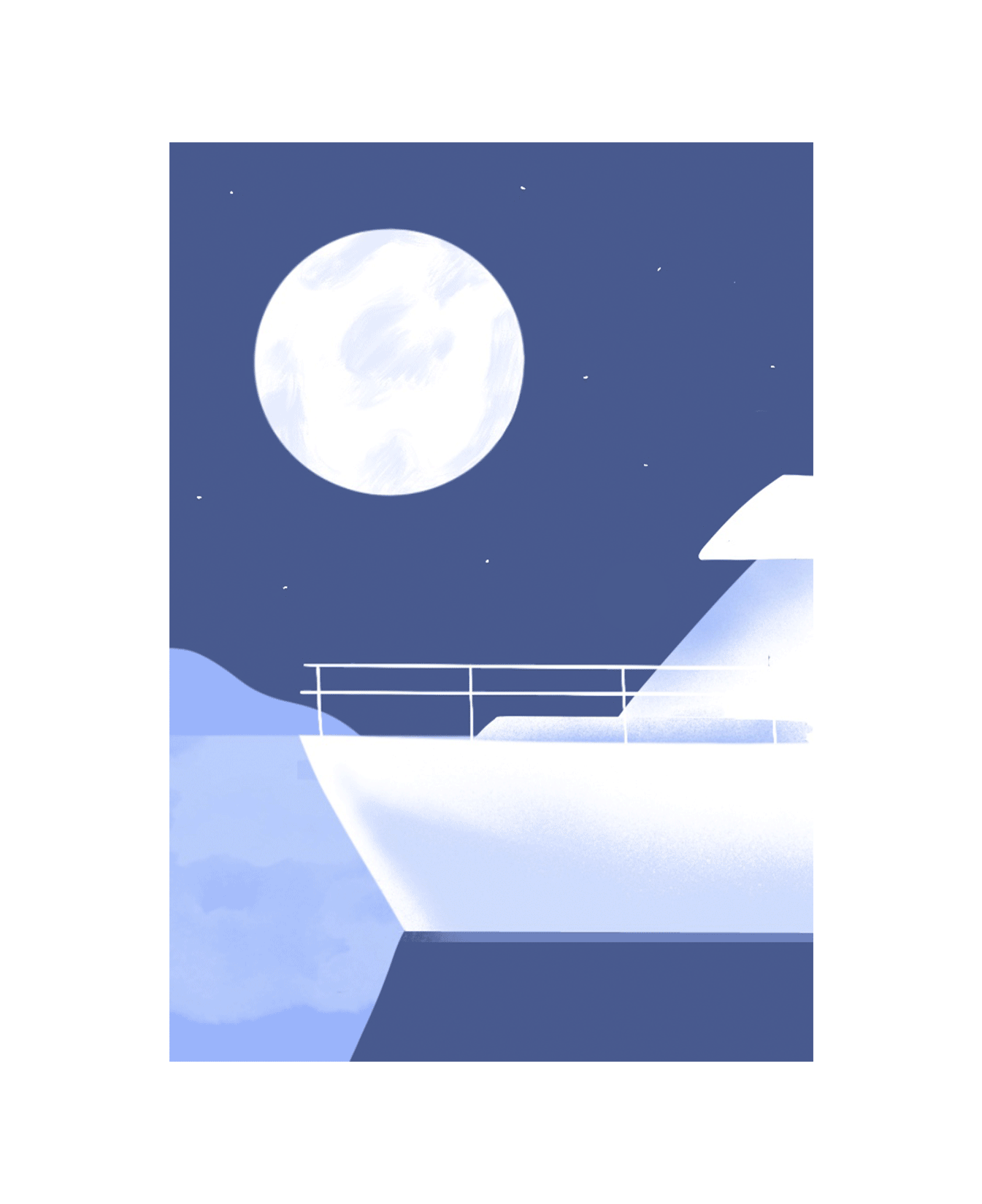 Illustration d’un bateau blanc sous la pleine lune, sur une mer calme dans une palette de bleus.