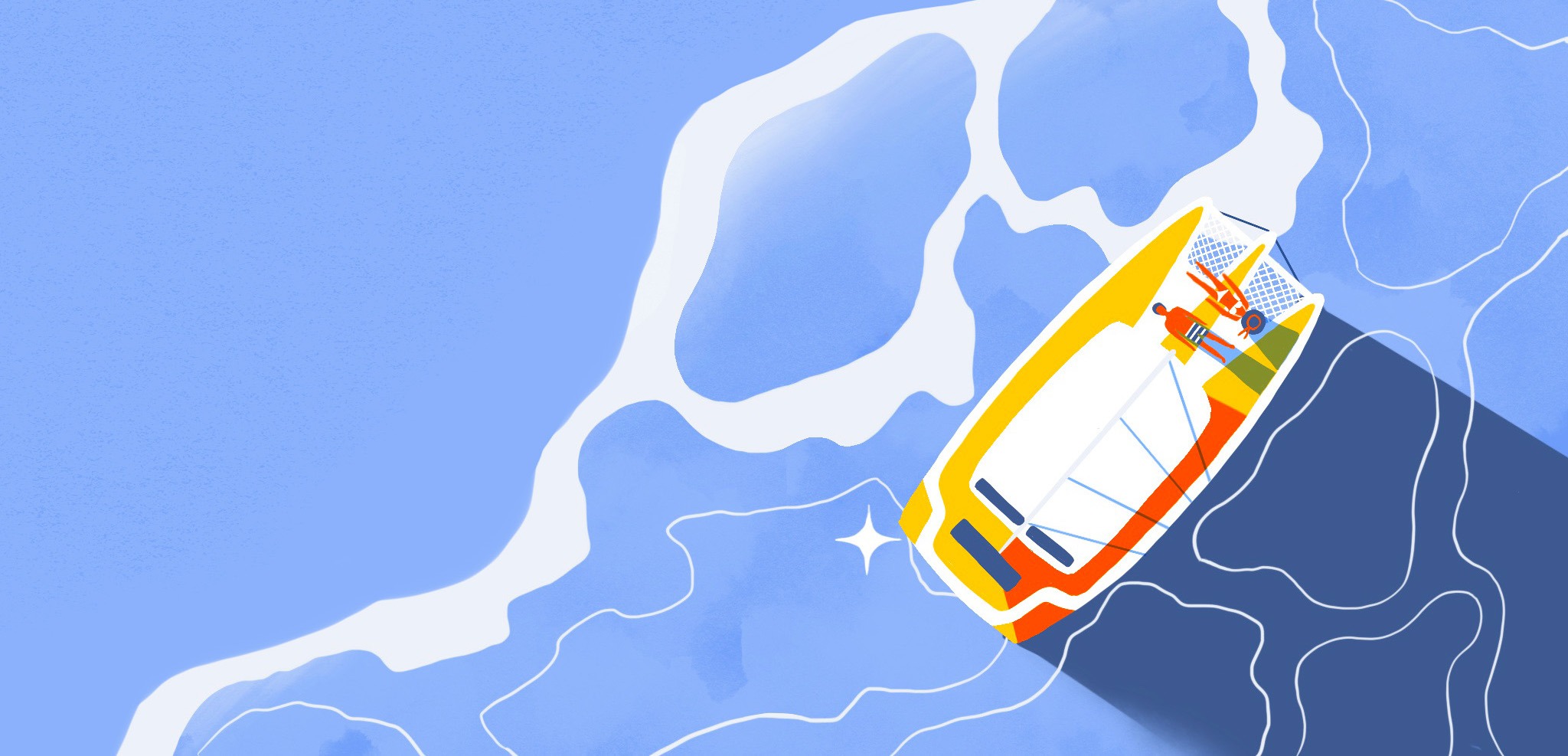 Illustration vue du dessus d’un catamaran aux couleurs jaune, orange et blanc, naviguant sur une mer bleue stylisée.