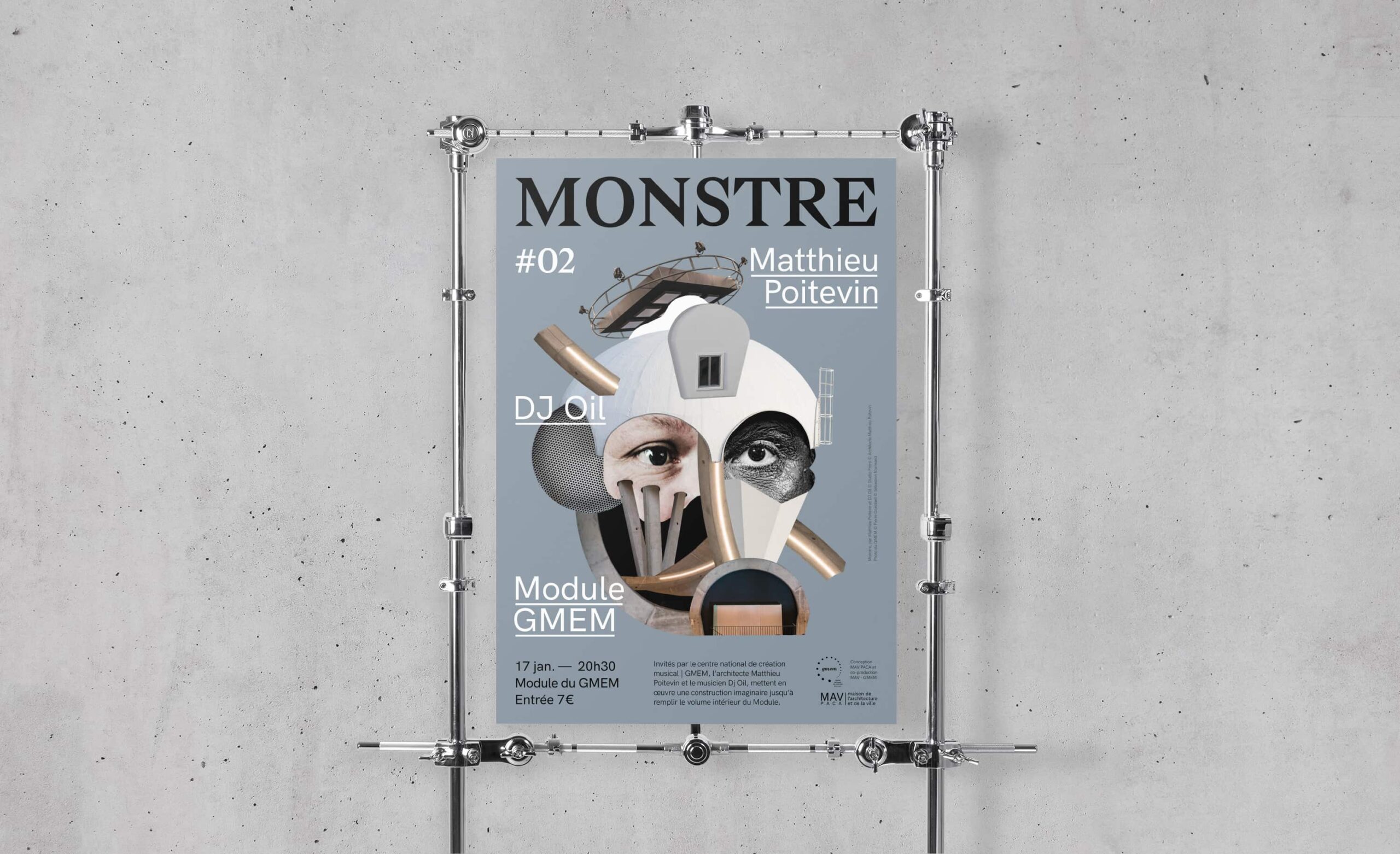 Affiche de l'événement "Monstre" au GMEM sur un support métallique devant un mur en béton