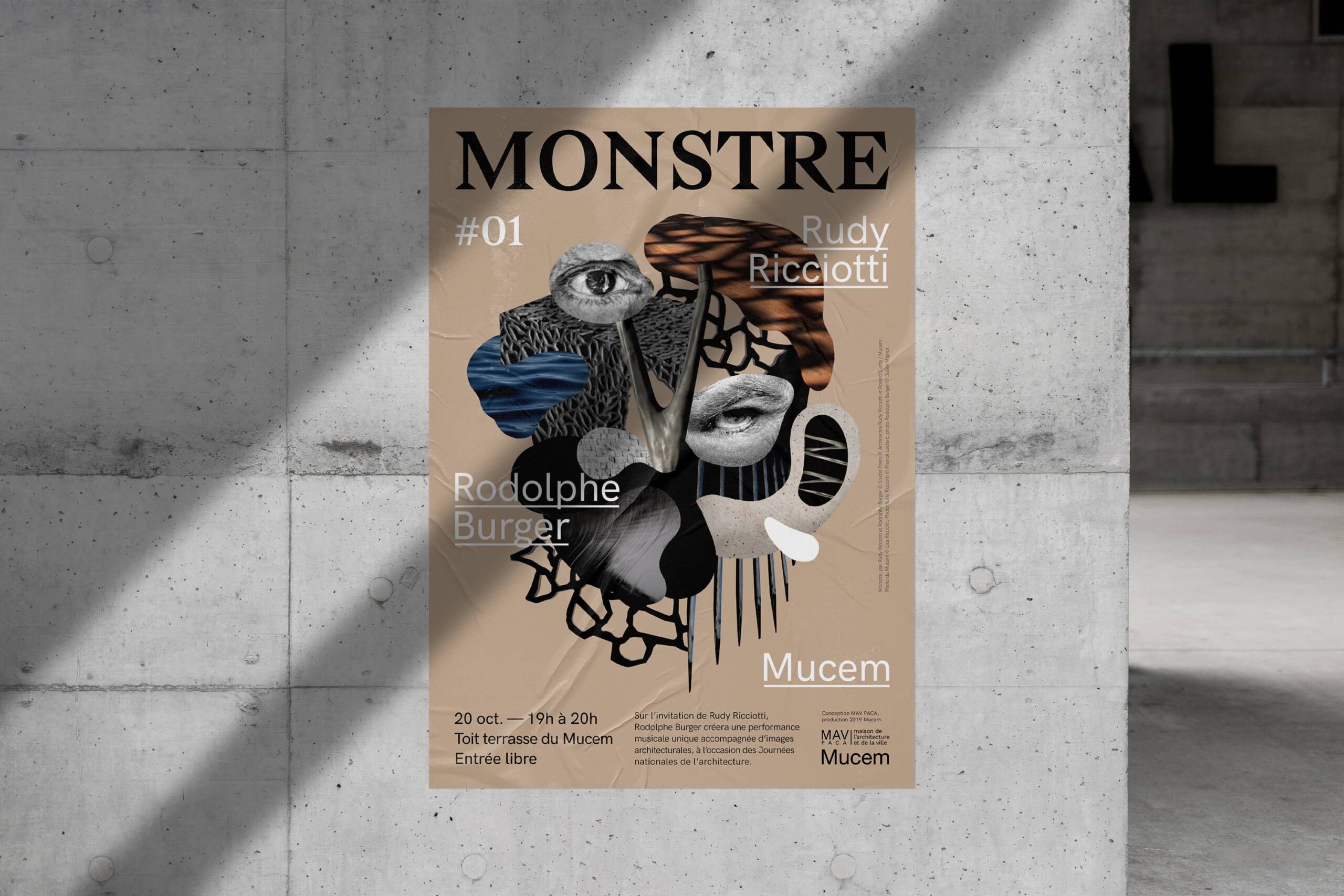Affiche de l'événement "Monstre" au Mucem sur un mur en béton