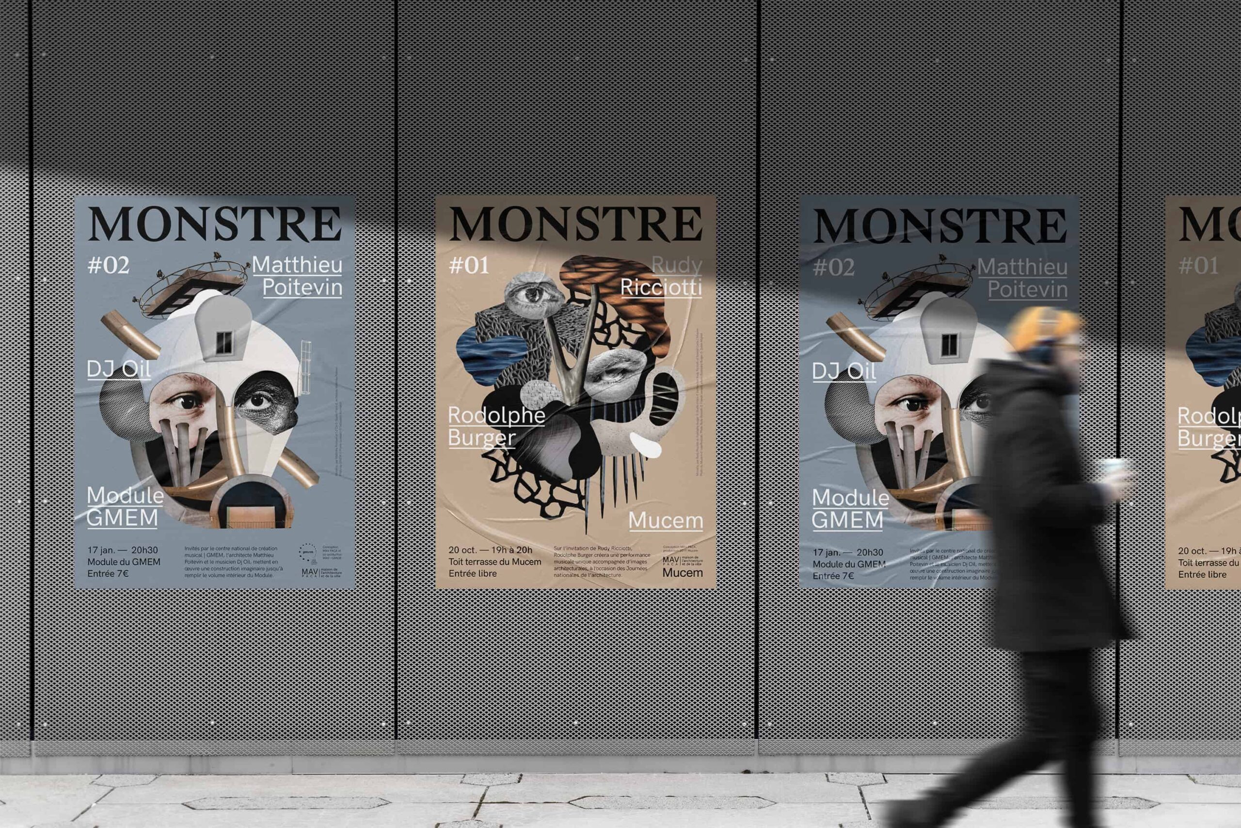 Affiches des événements "Monstre" sur un mur dans la rue