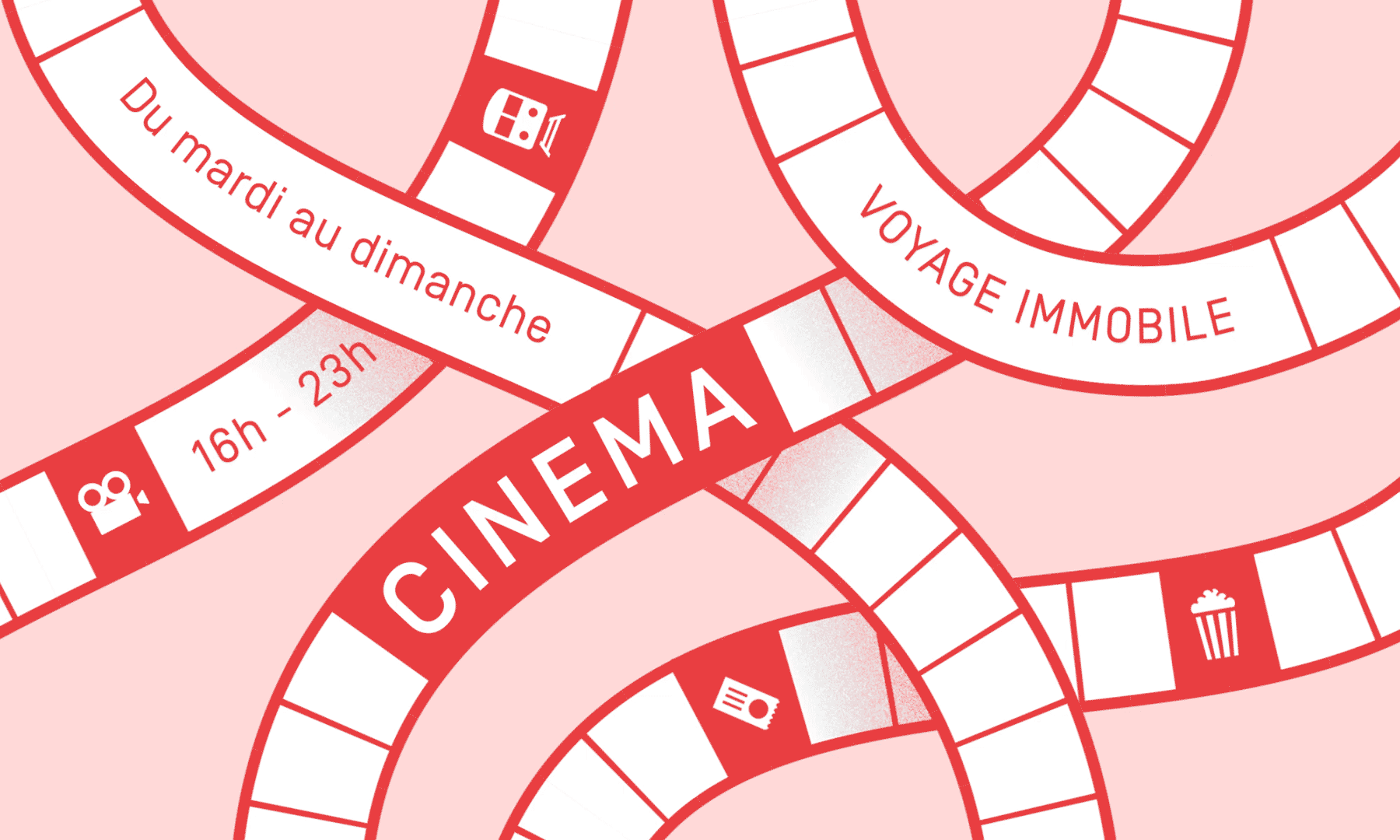 Animation d’un visuel où les informations et les pictogrammes circulent sur des rails, à la manière des trains.