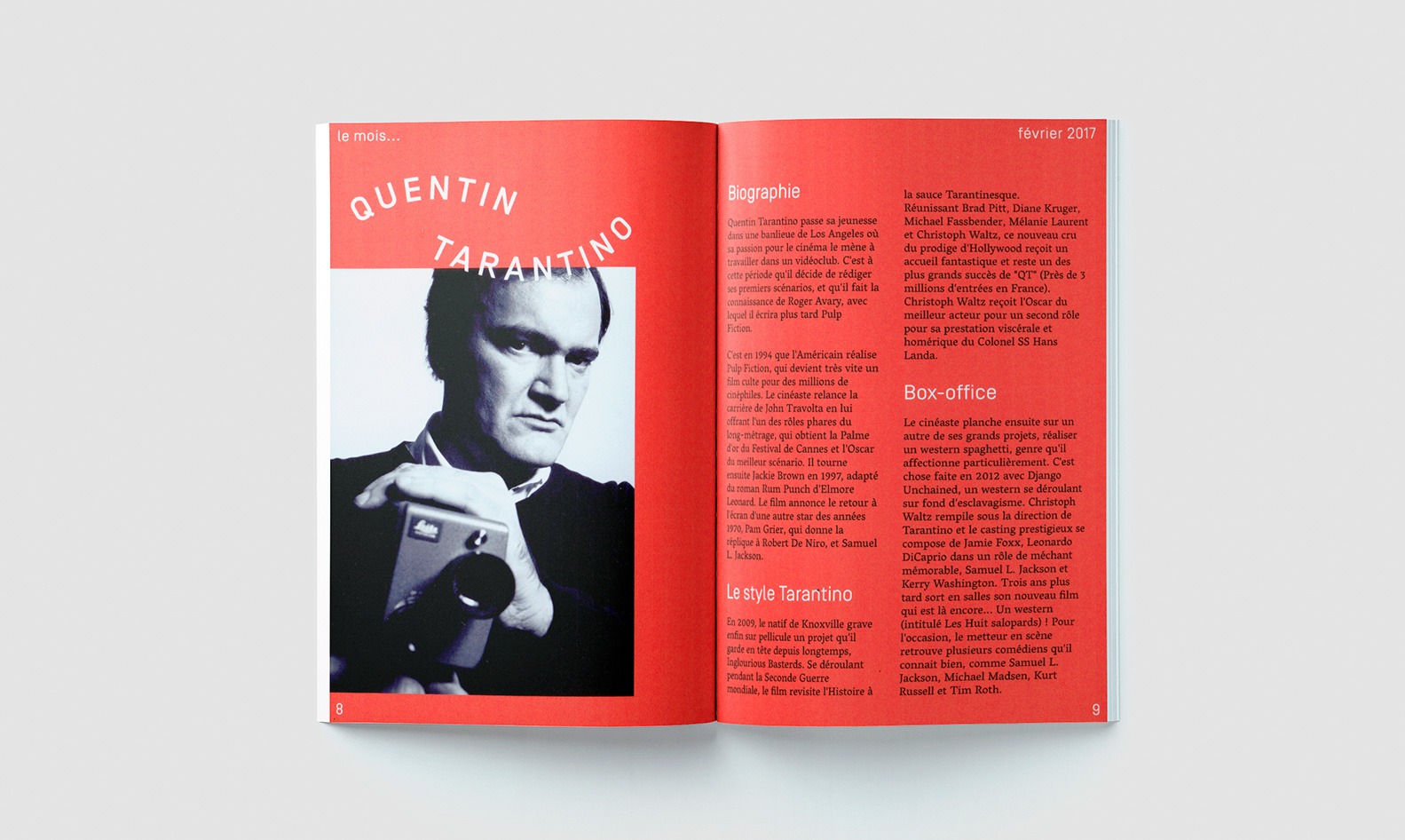 Double page intérieur fond rouge du programme mêlant photo et typographie